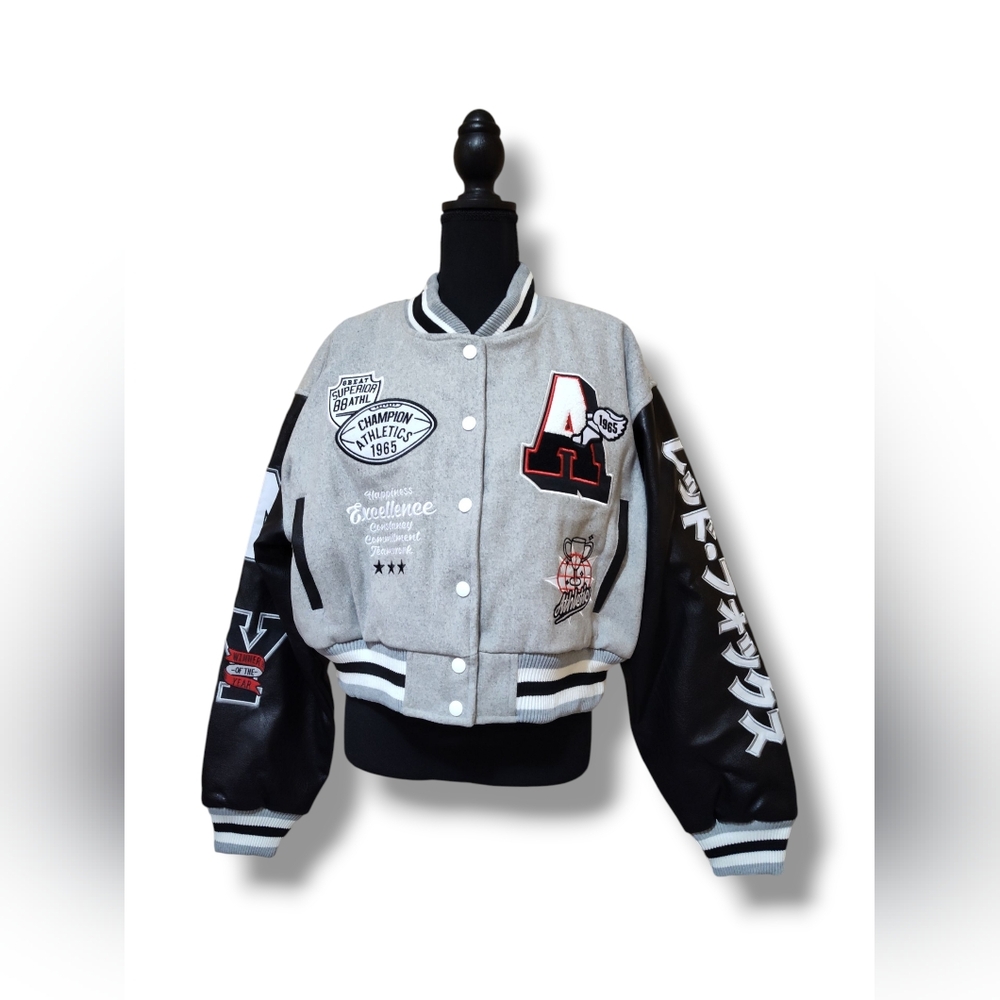 Gray and Black Varsity Jacket with Patches For Women